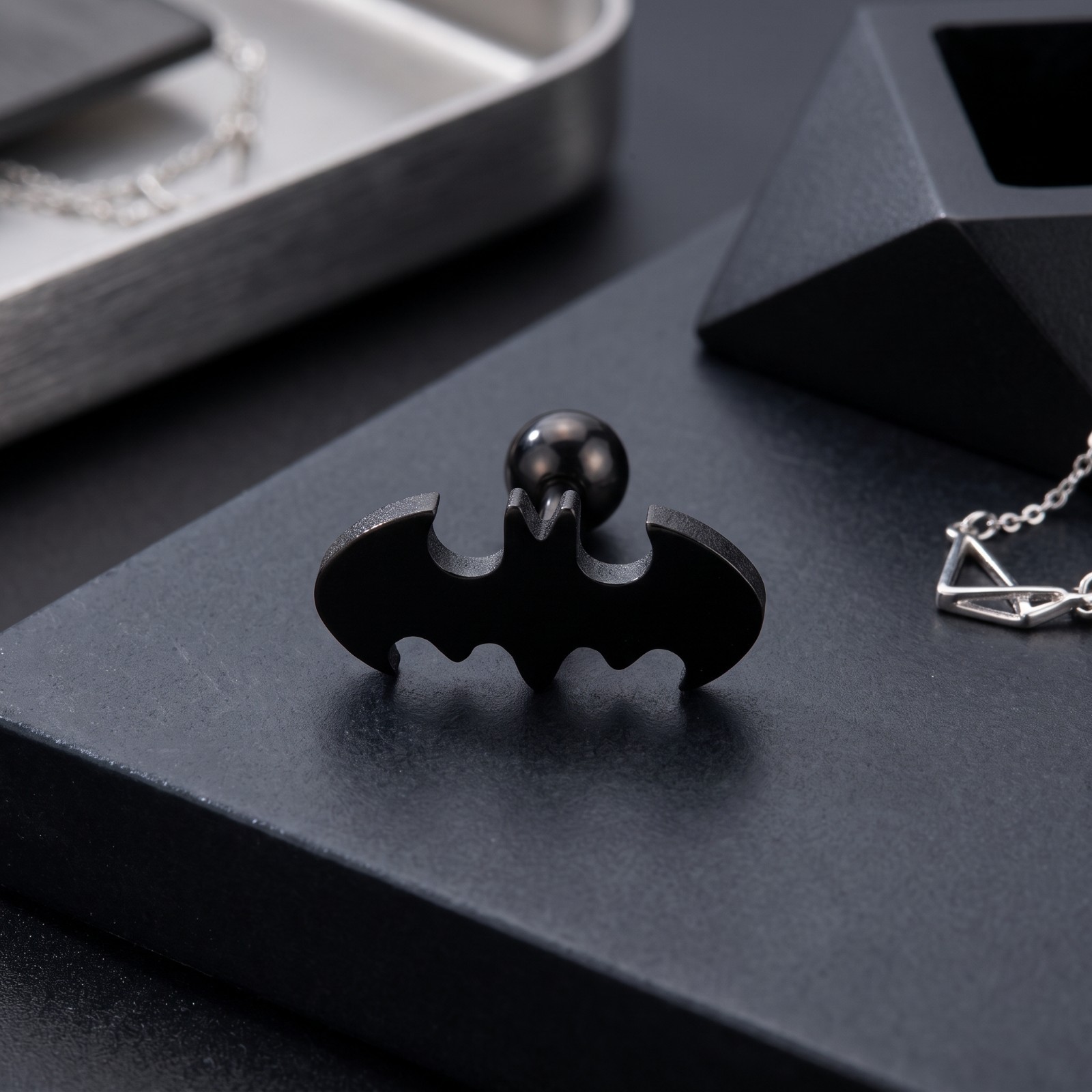 1 – 14 Gauge 5/8 Inch Black Stainless Steel Batman Logo Tongue Ring Barbell T286