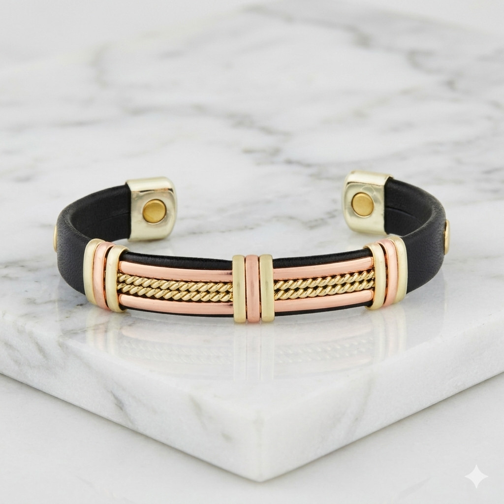Solid Copper Leather Wrapped Magnetic Bracelet Arthritis Pain Therapy Cuff II