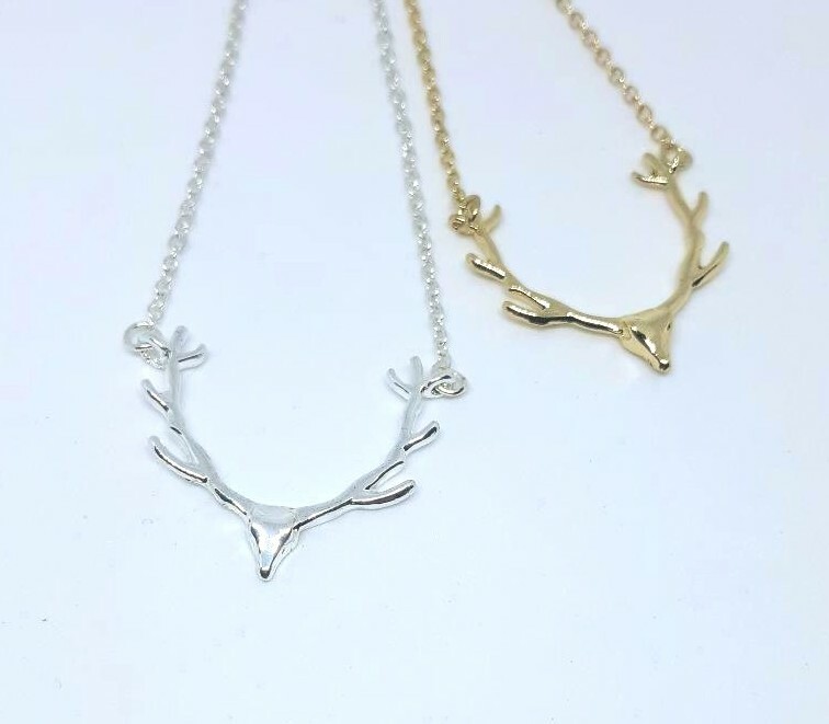 Small Deer Reindeer Antler Necklace Gold or Silver 1″ x 1″ 18″ long