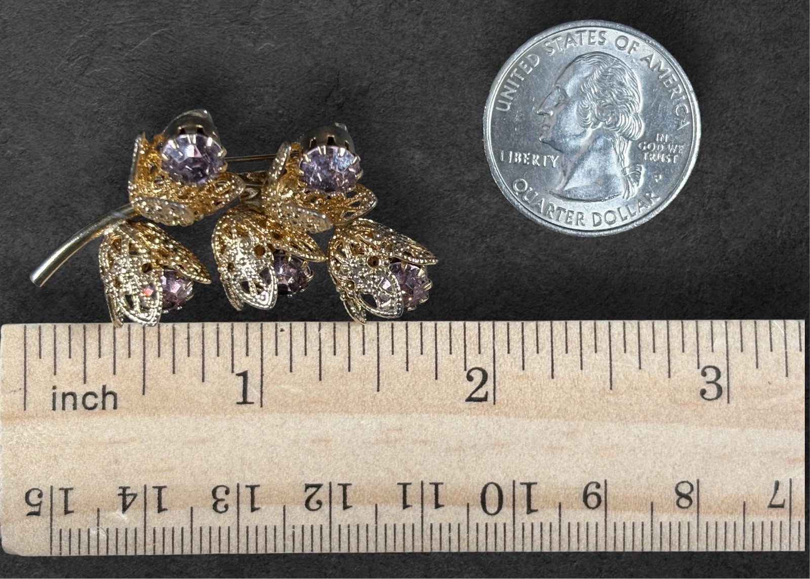 Vintage Gold Tone Filigree Flower Brooch Lavender Rhinestone Pin Unsigned
