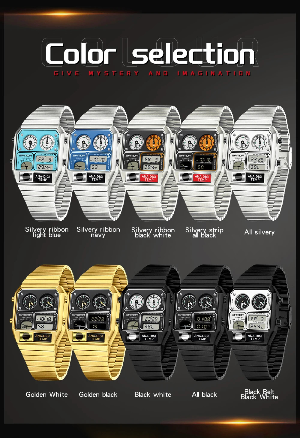 SANDA 3192 Men’s Square Digital Watch LED Thermometer Stopwatch 50M Waterproof