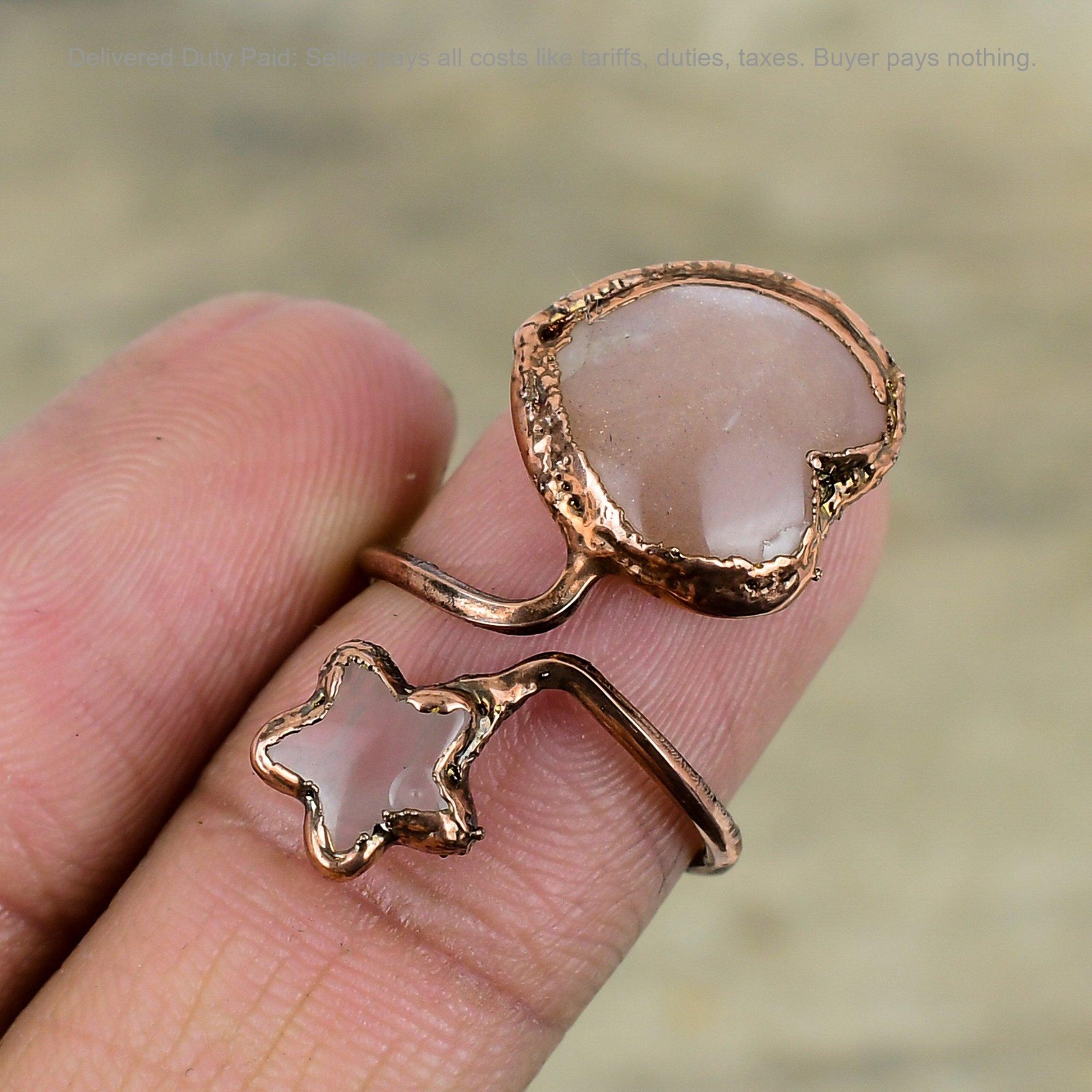 Rose Quartz Gemstone Rainbow Moonstone Copper Promise Wedding Wife Ring Jewelry