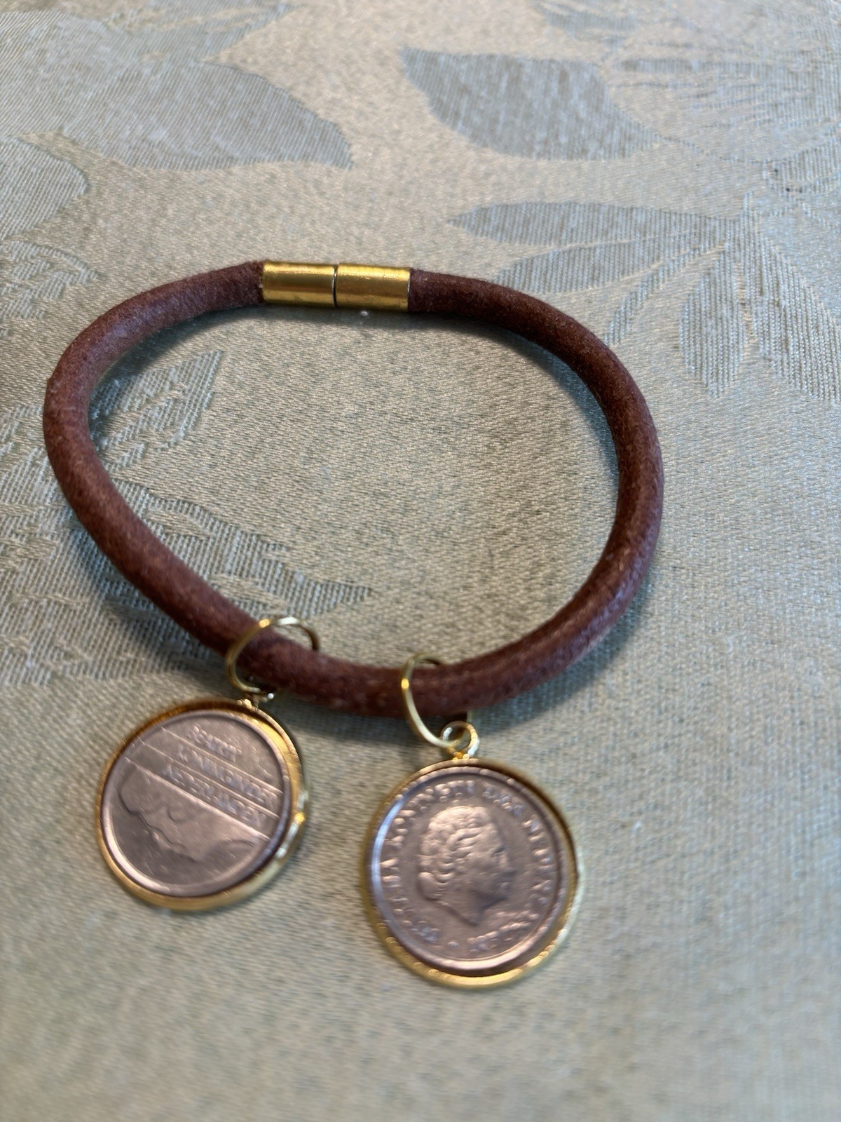8” Brown Leather Bracelet with Two Coins From The Netherlands