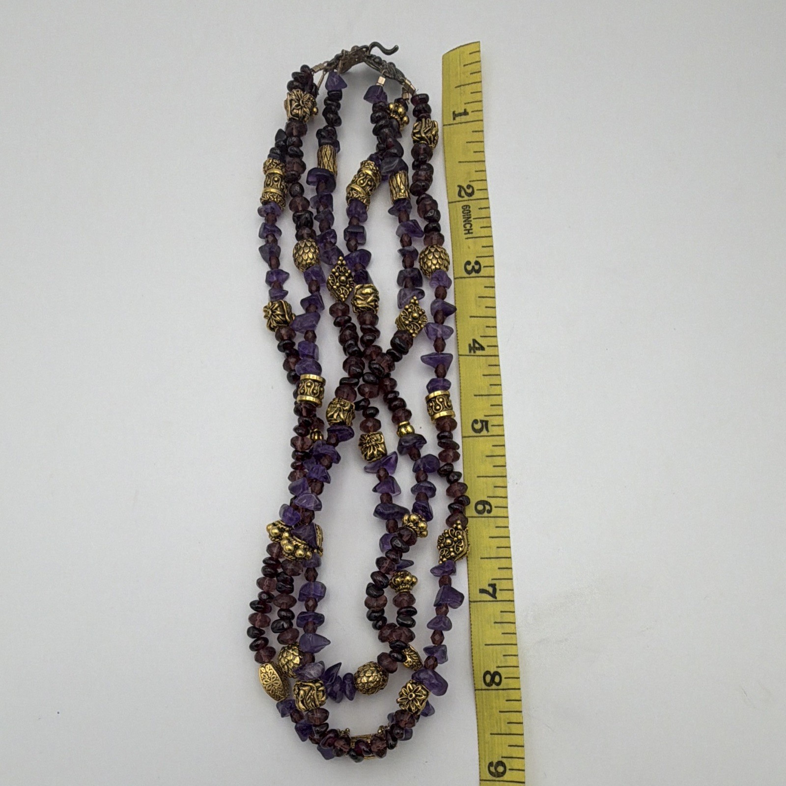 Multi-Strand Layered Beaded Necklace Amethyst Garnet Purple Gold 18” Hook