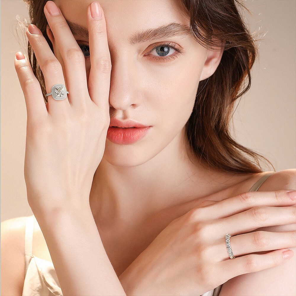 Women Solid 925 Sterling Silver High Carbon Stone Wedding Two Ring Set C20