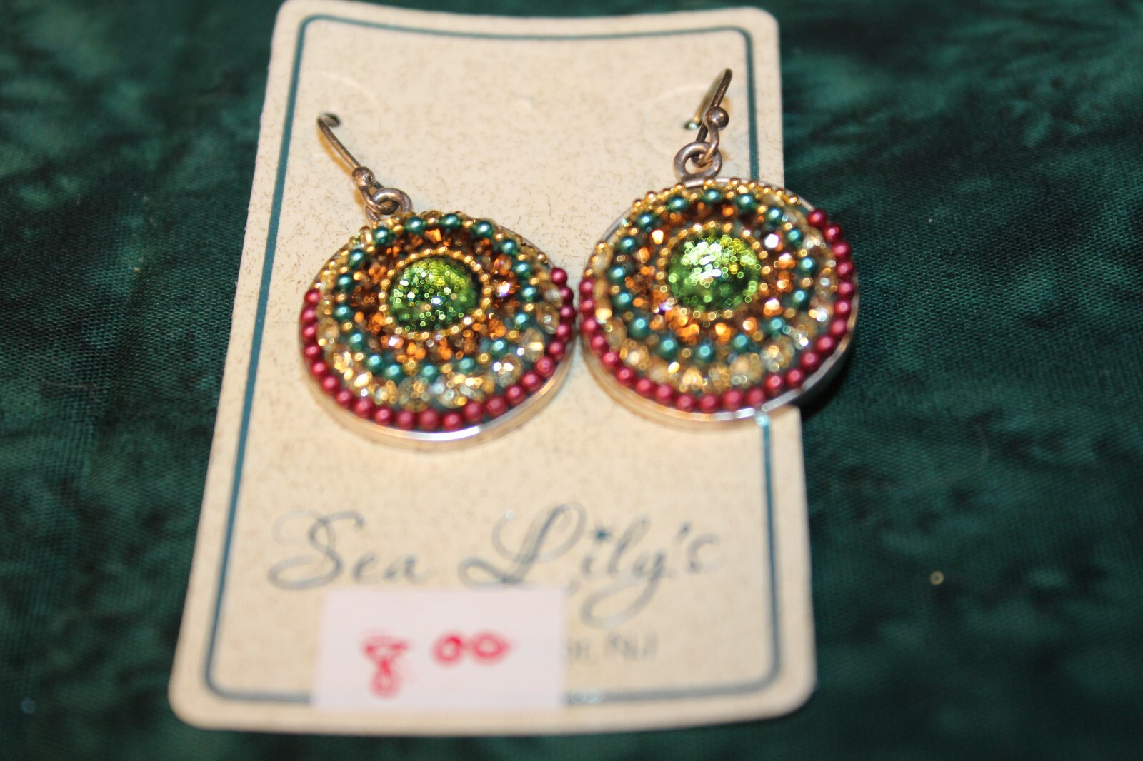costume jewelry earrings colorful faux gems and jewels, blues,greens,reds,whites