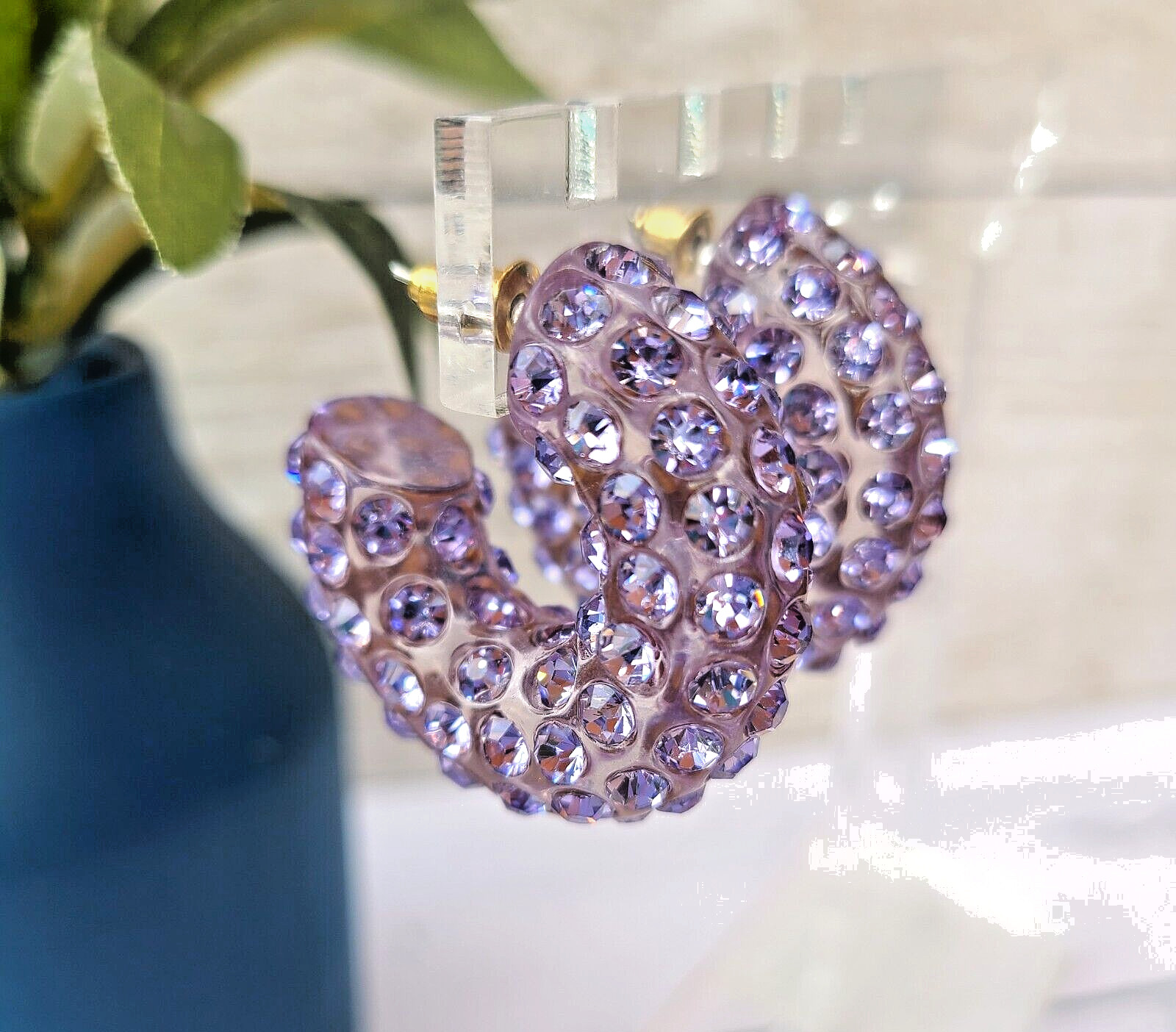 Lavander Boho Statement Chunky Lucite Translucent Rhinestone Paved Hoop Earrings