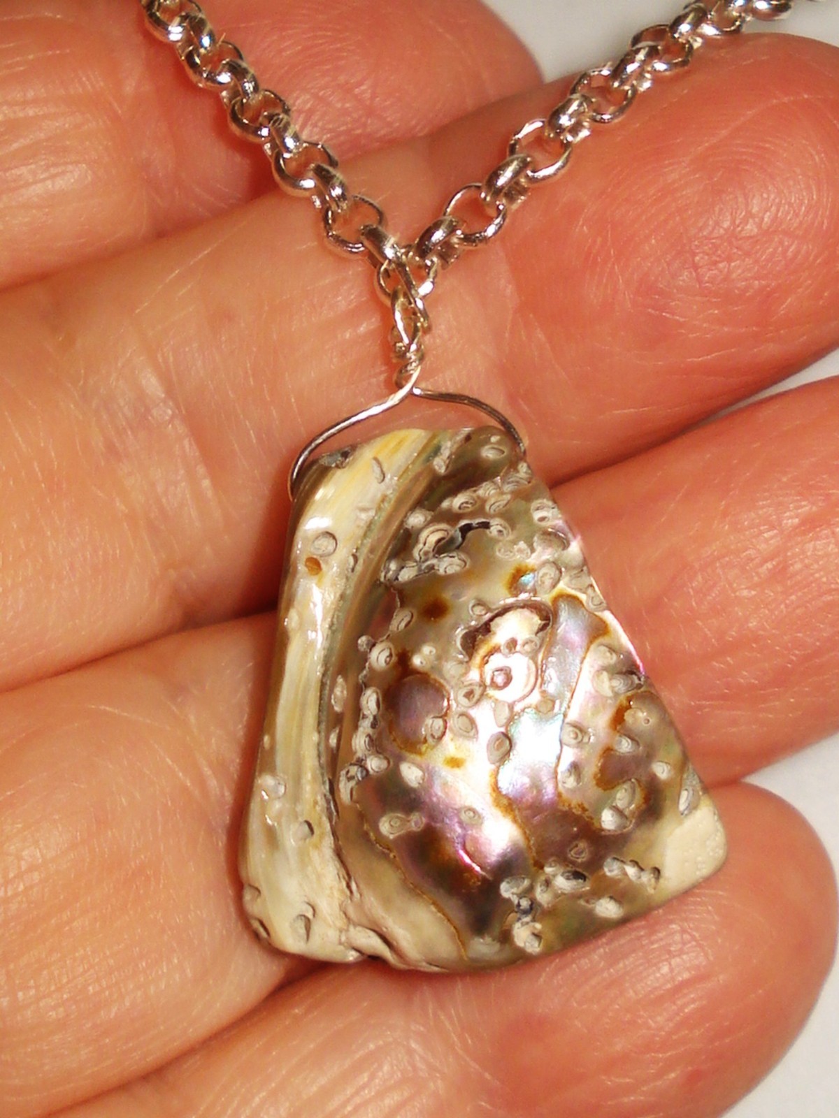 19 1/2″ Outershell Abalone Thick Triangular Pendant Lobster Clasp OOAK Necklace