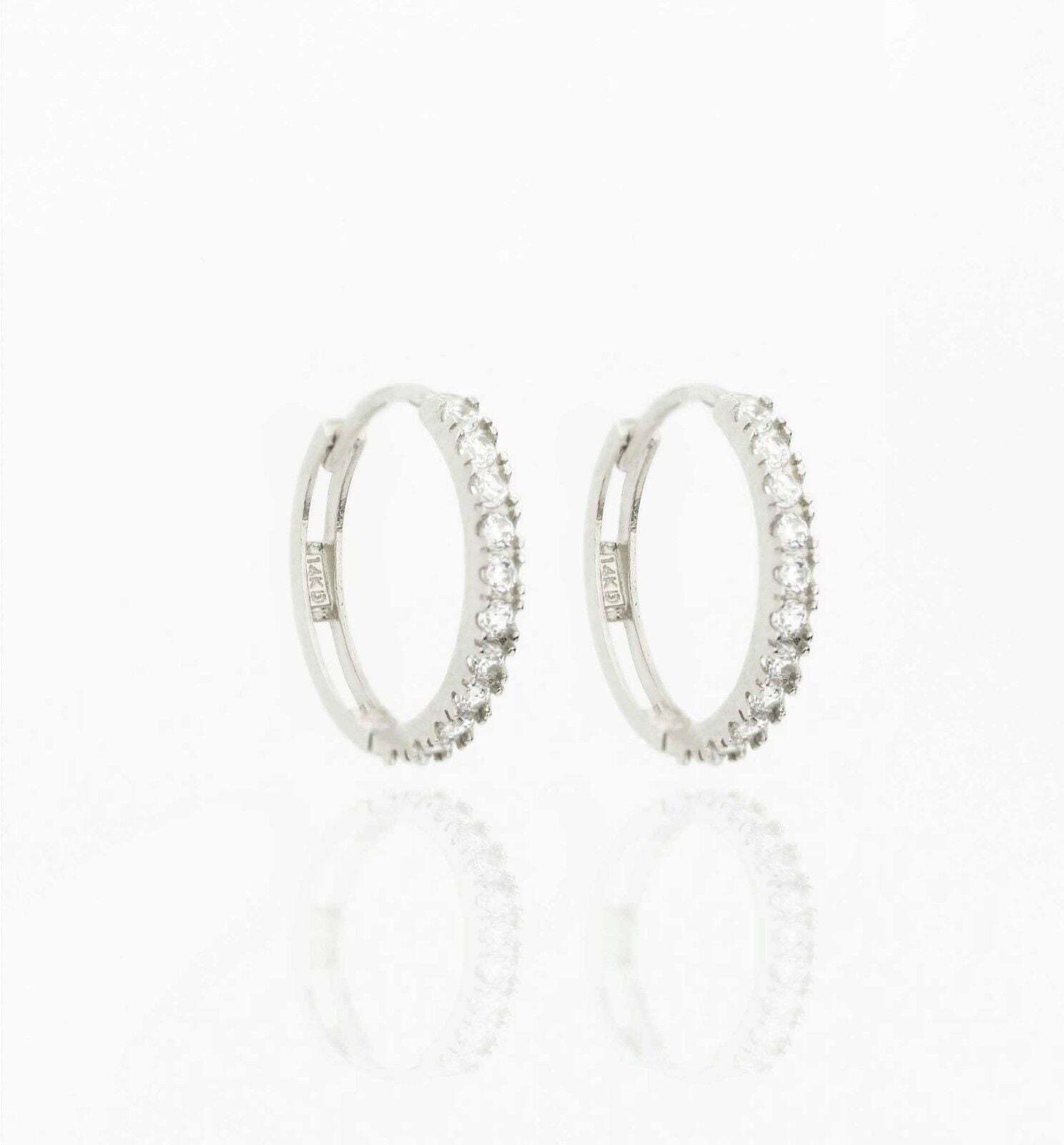 14k Yellow and White Gold CZ Huggie Hoop Earrings
