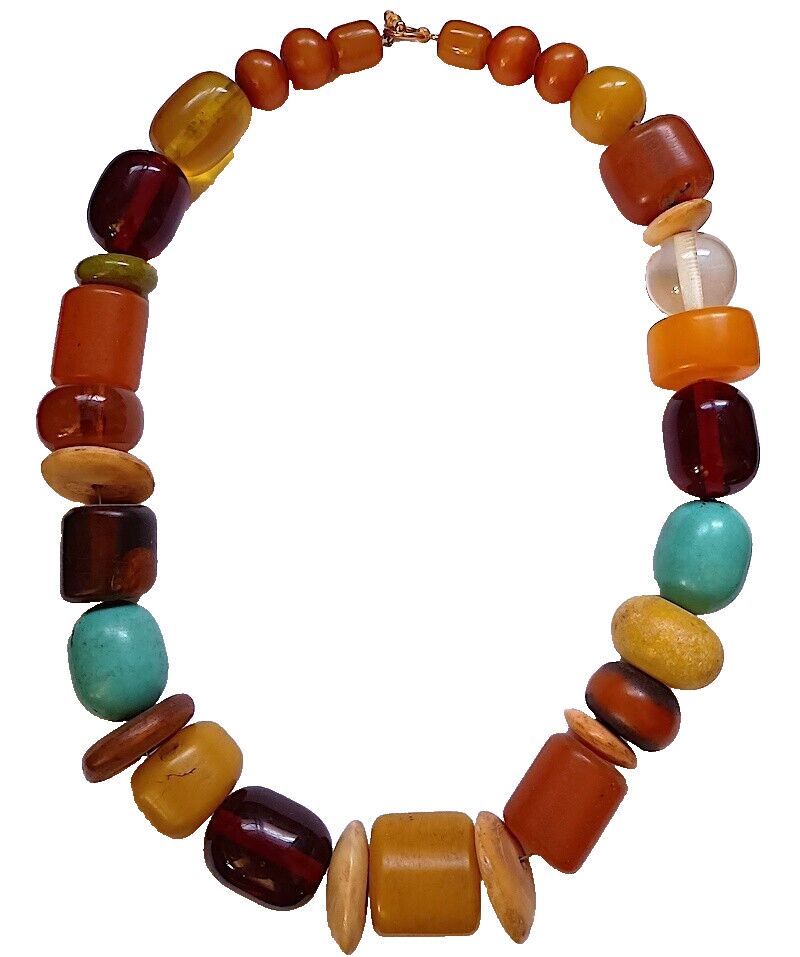 Necklace – Antique Moroccan Copal, Bone & Resin Beads, 22 Inches, 24K GP Toggle