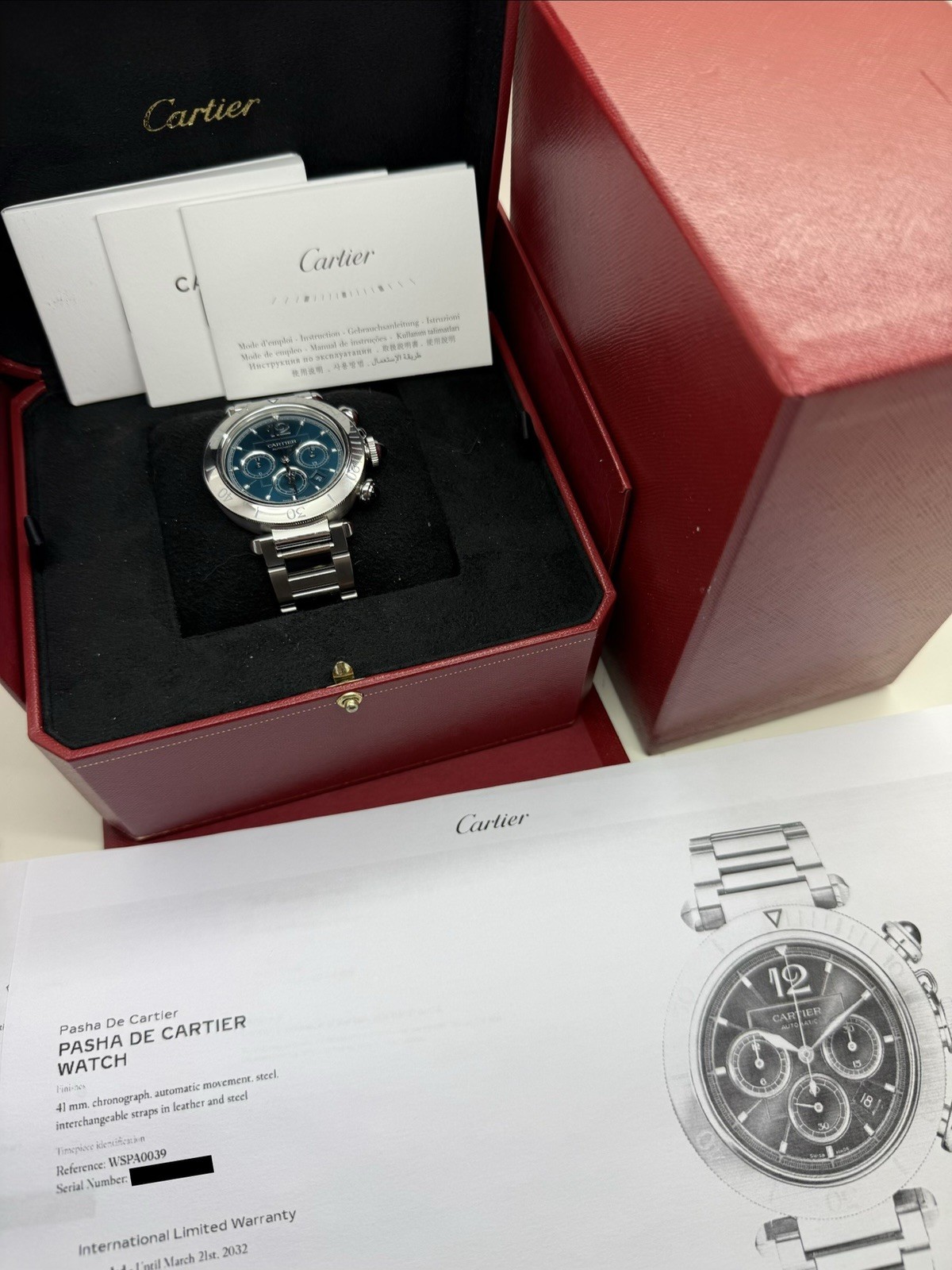 2024 Cartier Pasha Chronograph Blue Dial Auto Steel 41mm Watch WSPA0039 w/ Box