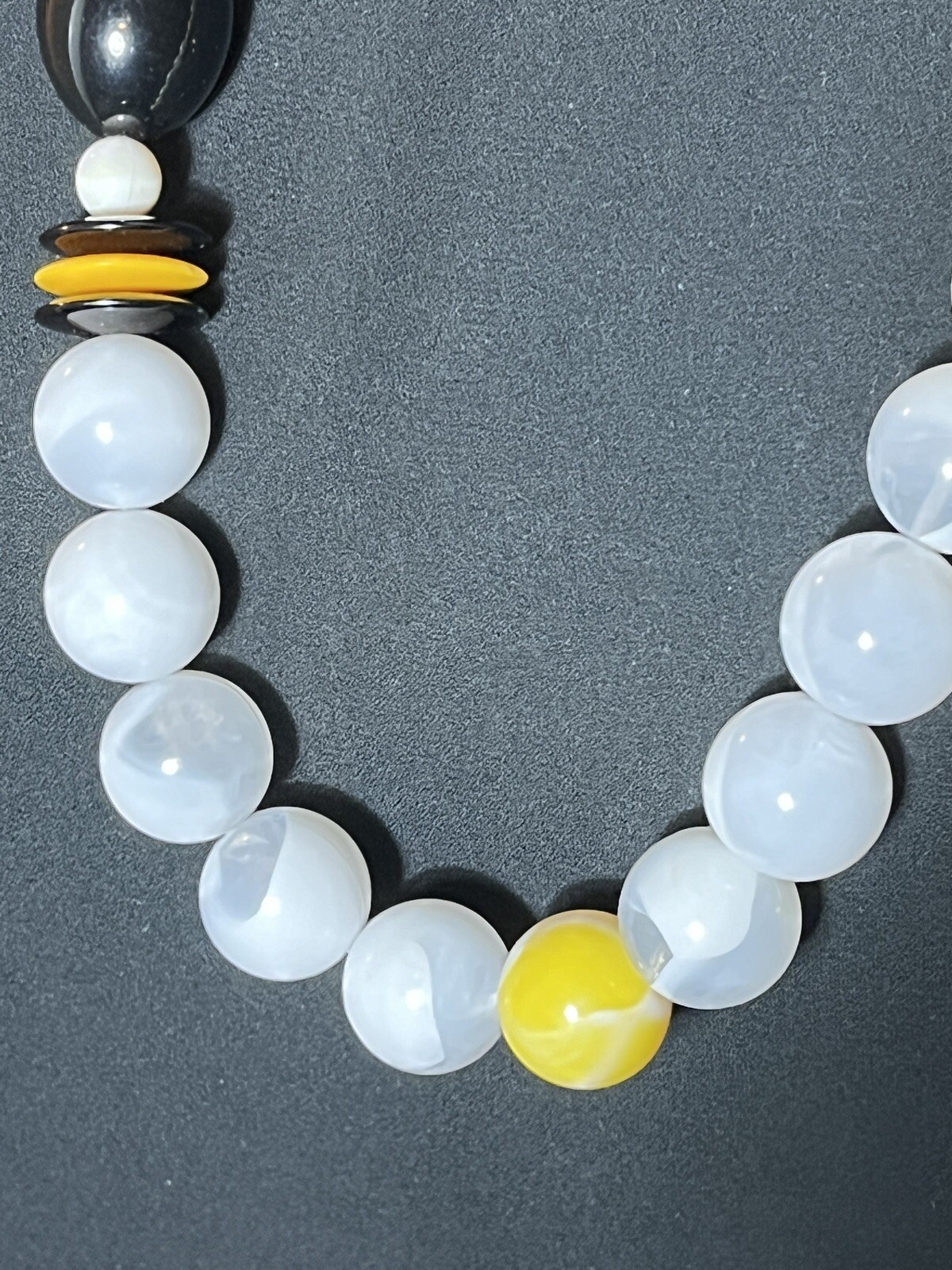 Vintage 1970’s Black Yellow White Clear Lucite Bead Necklace 31” Long