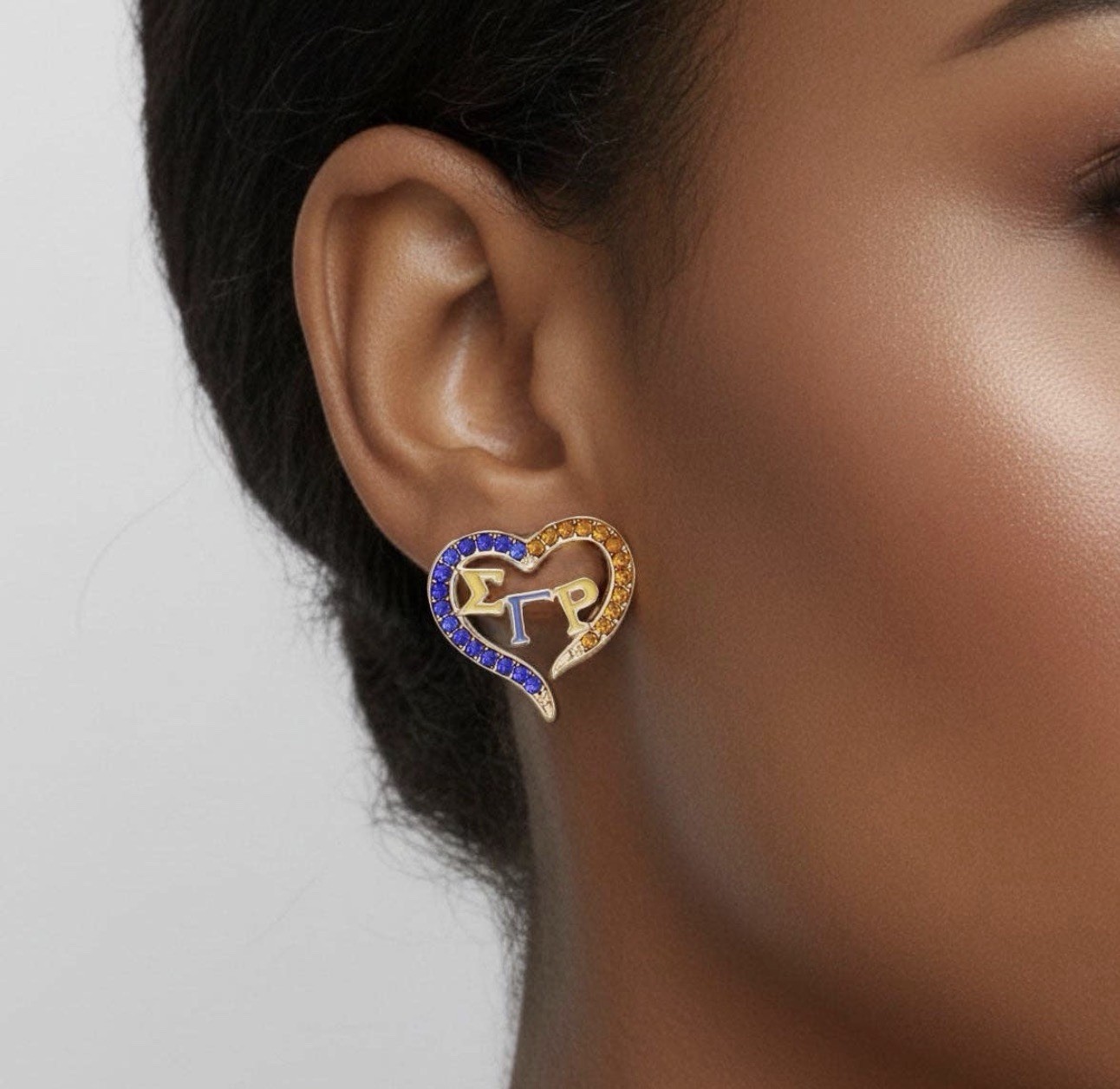 Sigma Gamma Rho Blue Crystal Heart Greek Letter Stud Earrings Butterfly Back