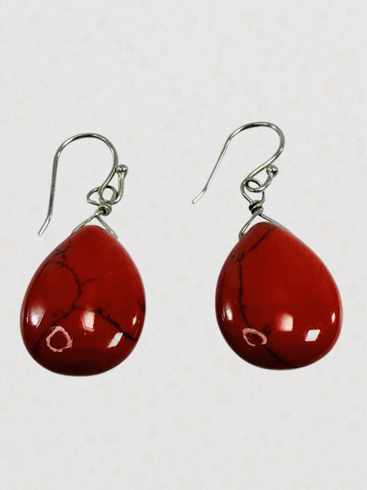 Sterling Silver Red Burgundy Carnelian Stone Dangle Drop Earrings Teardrop Hook