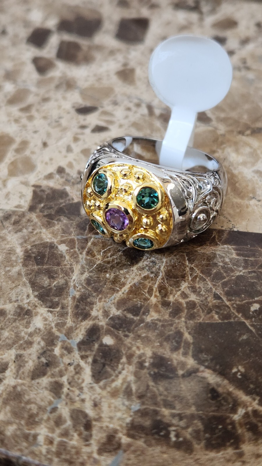 New gold silver plated brass cz 5 stone green purple stones bezel set size 6