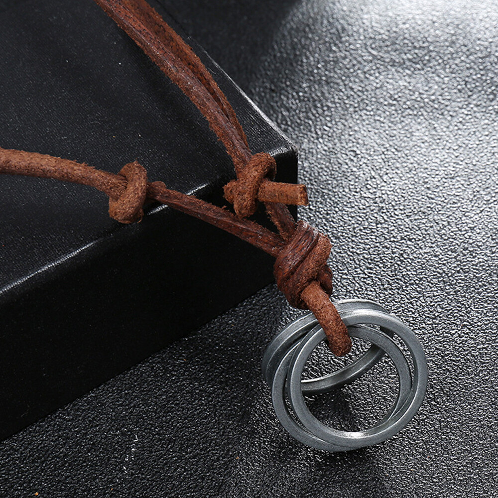 Mens Retro Metal Rings Pendant Genuine Leather Surfer Choker Long Necklace Brown