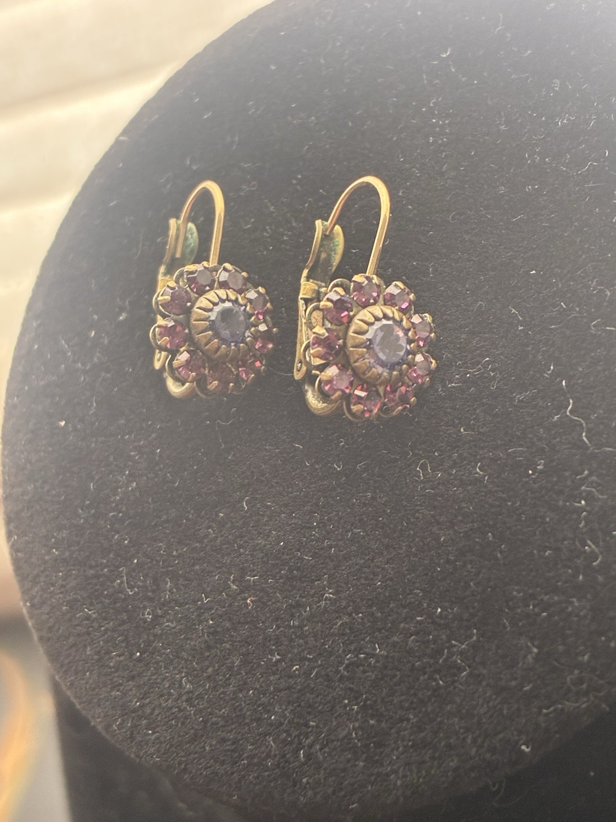 Liz Palacios Swarovski Crystal Leverback Earrings Purple Floral Vintage Style