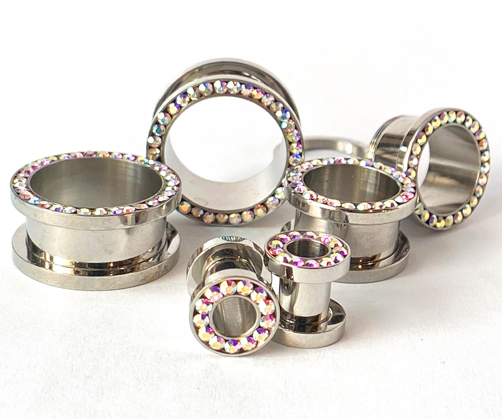 PAIR Aurora Borealis Gem Rimmed 316L Surgical Steel Screw Fit Tunnel Plug Gauges