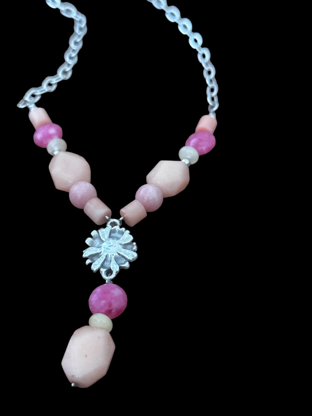 Brighton Paradise Garden Y Necklace- pink & orange beads- silver links flower