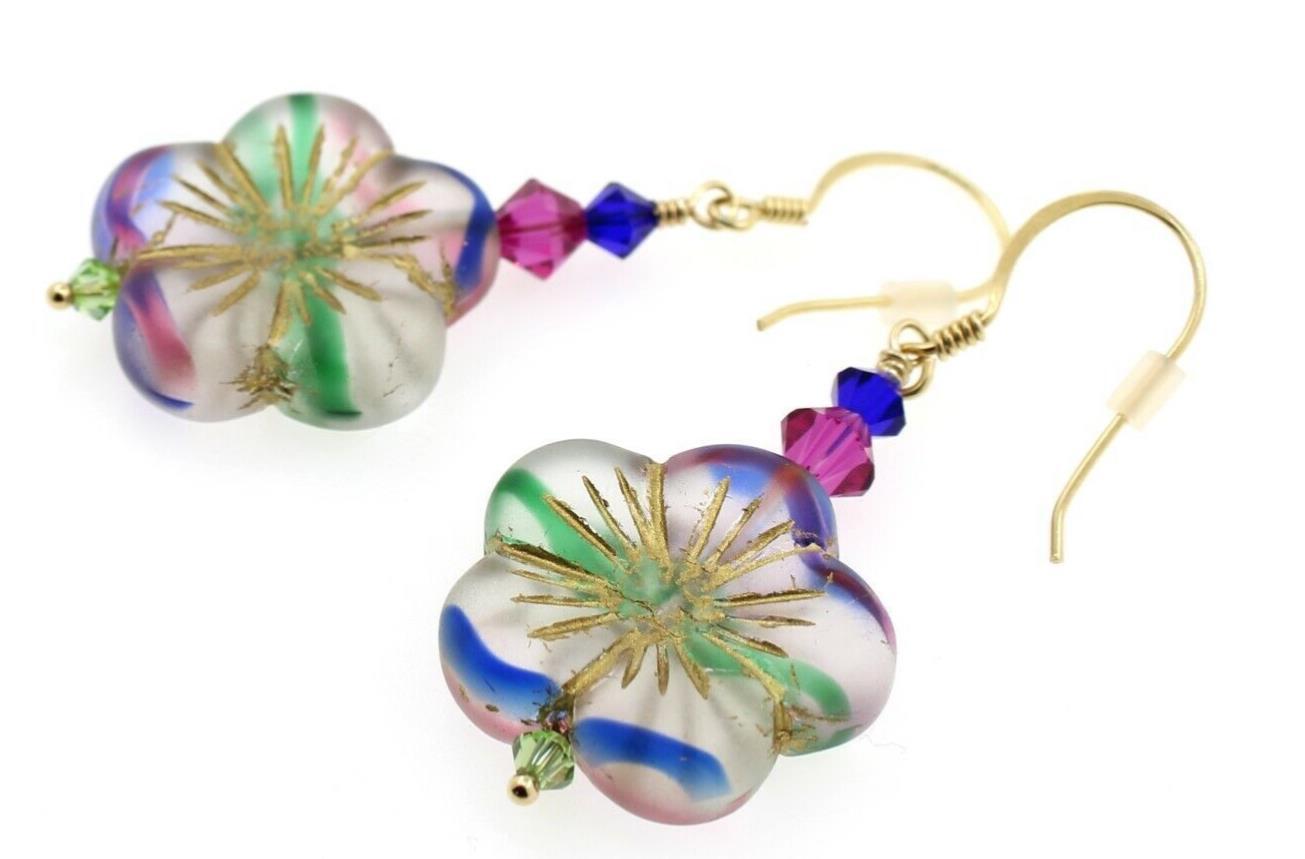 Flower Earrings Seaglass Glass Stripes Blue Green Pink Swarovski Vermeil Gold
