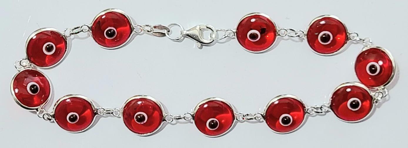 Evil Eye Bracelet 7.5 inch Long 925 Sterling Silver Translucent Red Eyes # 24
