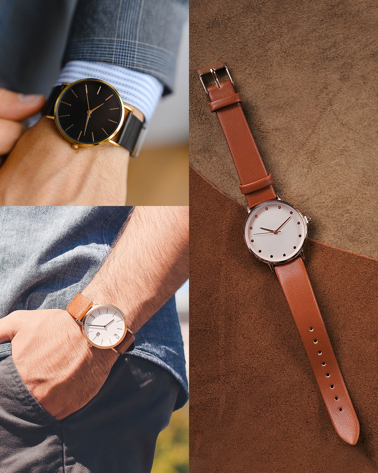 Genuine Leather Band 20mm Flat Leather Watch Strap Black/Rose Gold Buckle