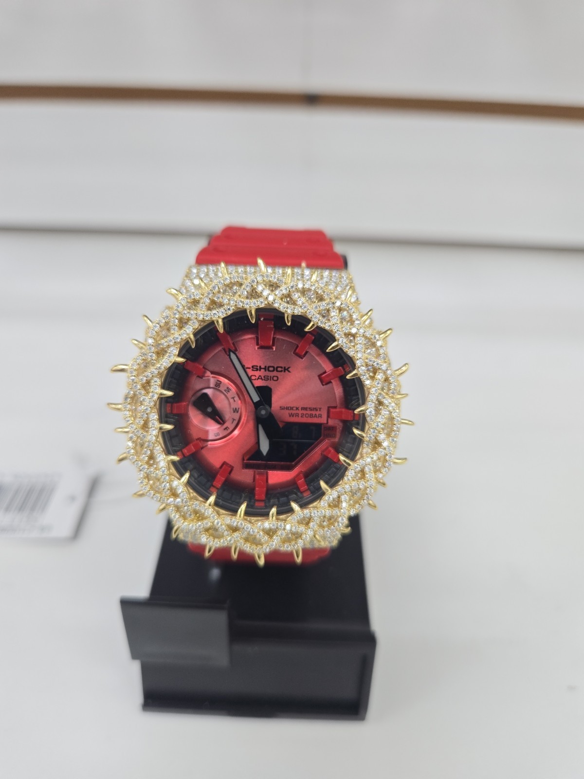 Moissanite G Shock Watch Casio 2100 Model Red Color Band Gold Color Bezel New