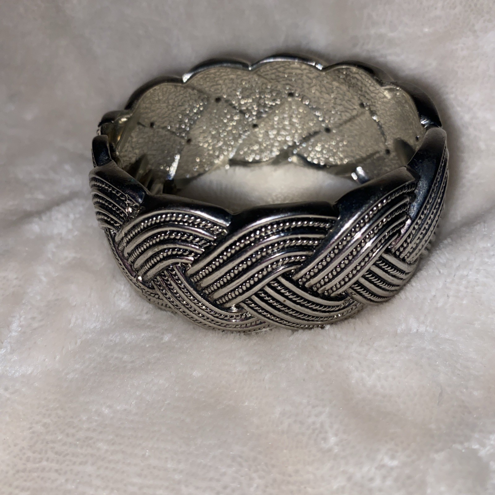Chunky Woven Silver Tone Bangle Cuff Bracelet Nine Inch Long & 1.5 inches Wide
