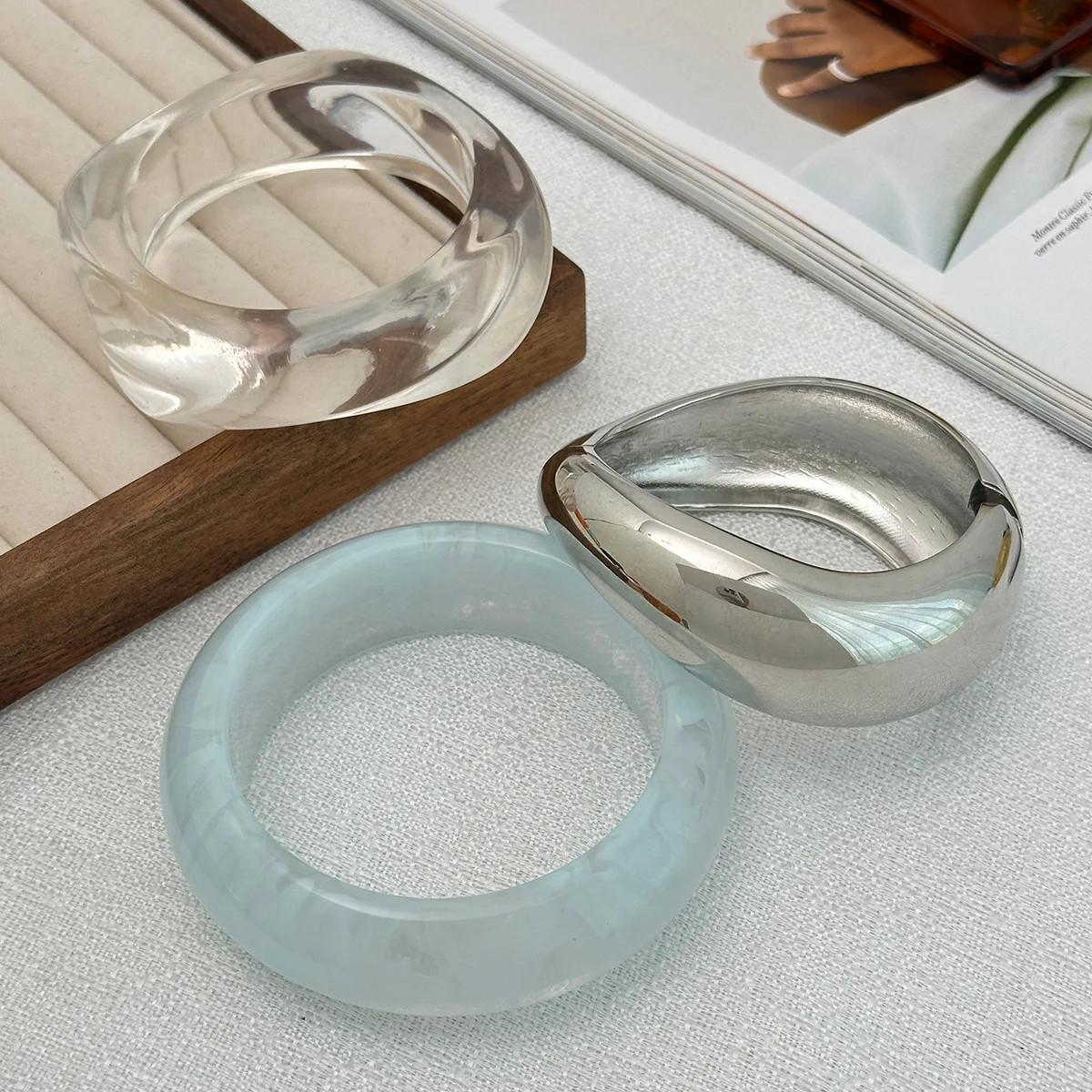 Acrylic Resin Cuff Bangle Women Silver Tone Geometric Round Layered Jewelry