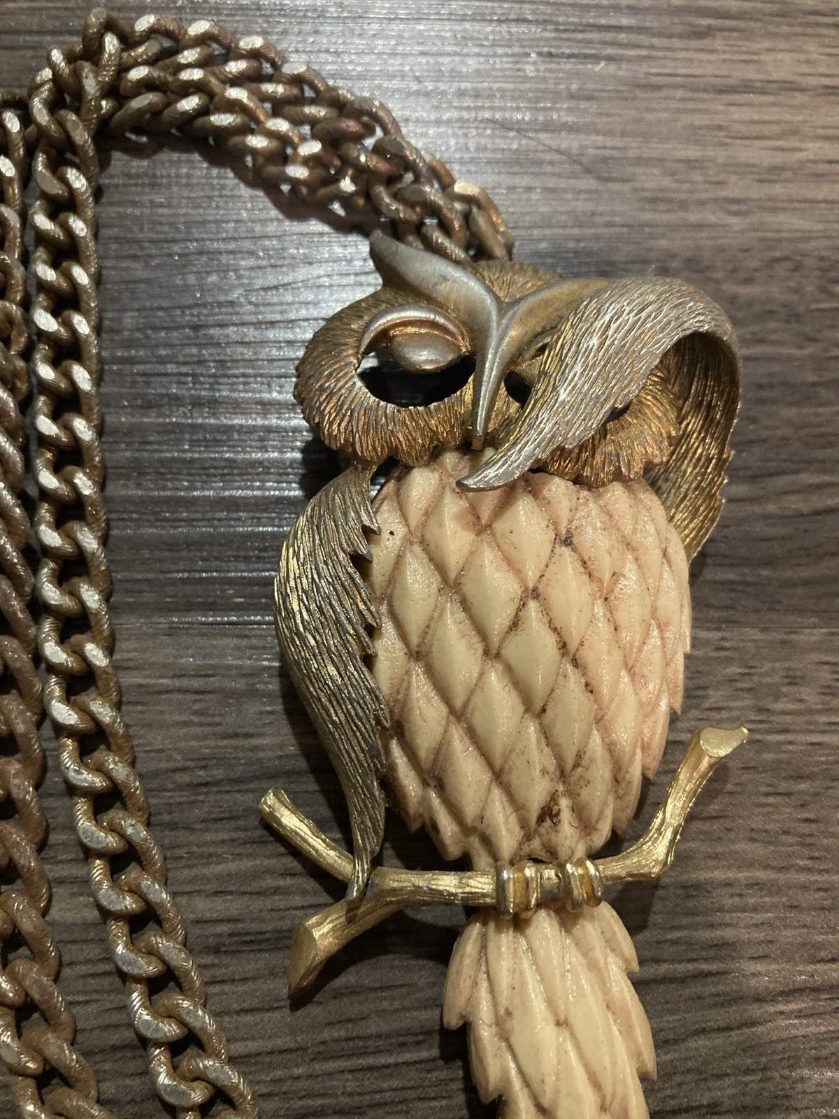 Vintage 1970’s Bashful Owl Necklace by Luca Razza Gold Tone Chain Pendant