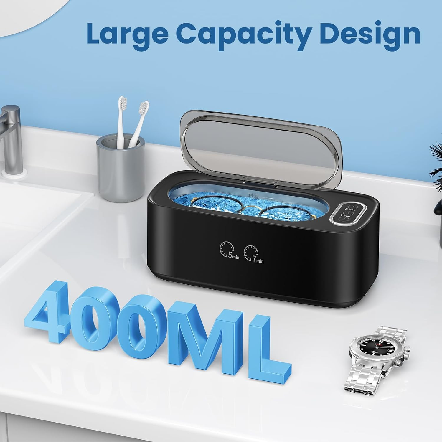 Ultrasonic Cleaner 48KHz Jewelry Glasses Cleaner Machine 400ML Stainless Tank
