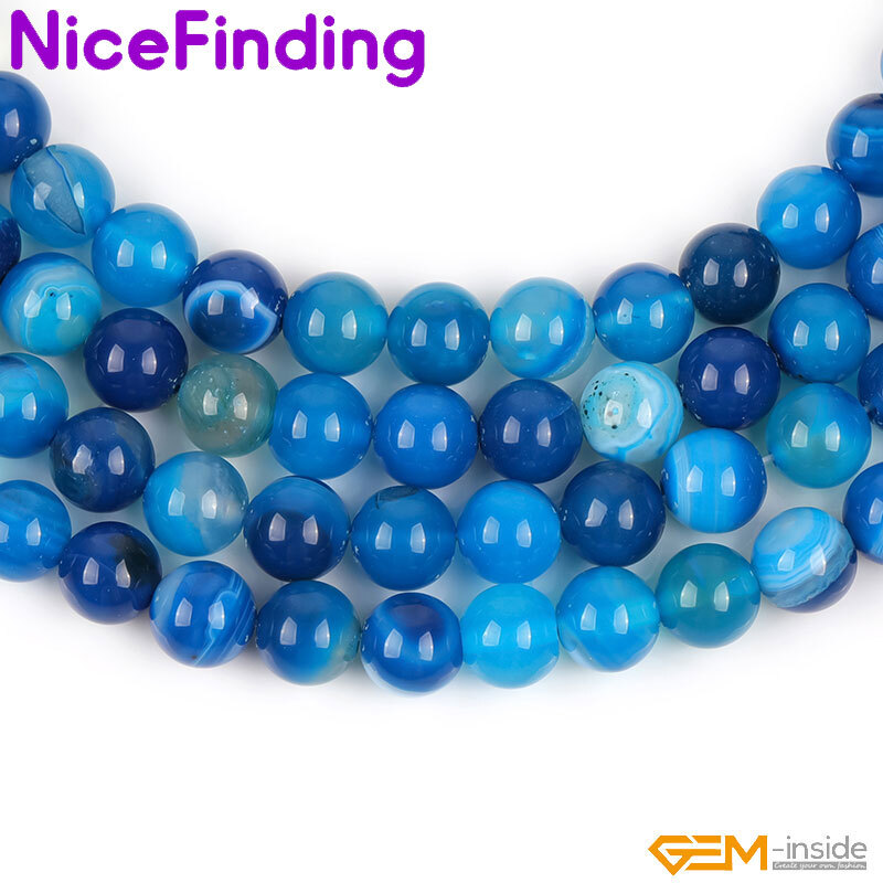 Natural Round Blue Smooth Sardonyx Agate Banded Beads For Jewelry Making 15”