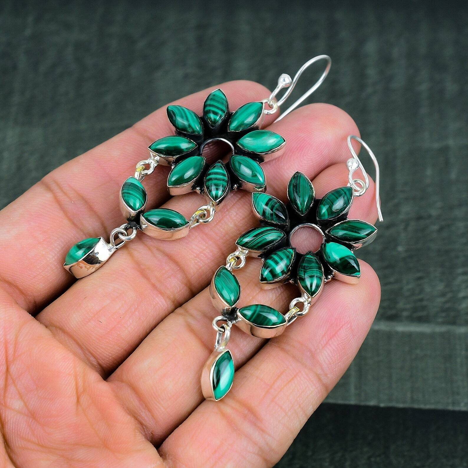 Malachite Gemstone Handmade 925 Sterling Silver Earrings Jewelry