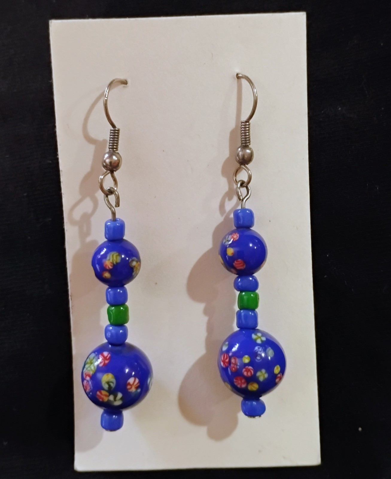Vintage style earrings Handmade Japanese millefiori glass beads Cobalt blue.