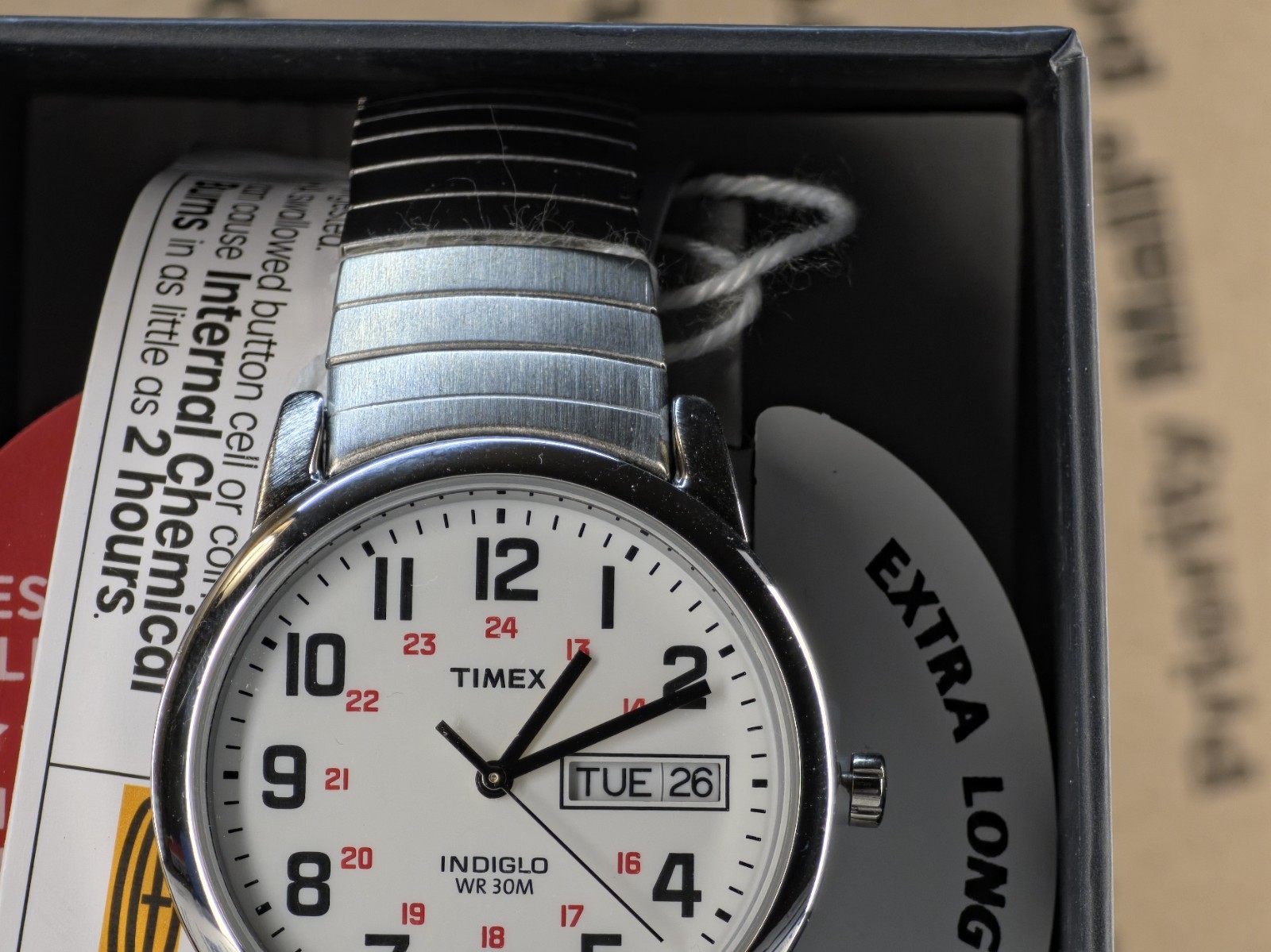 Timex T2N091, Men’s Easy Reader X- Long Expansion Band Watch, Indiglo, Date, NEW