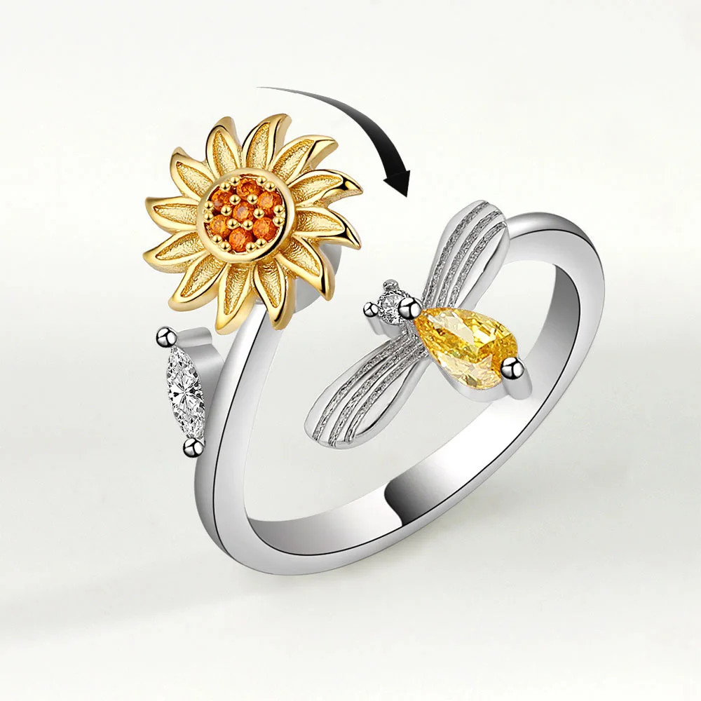 Sterling Silver Sunflower Diamond Zircon Rotatable Ring For Women