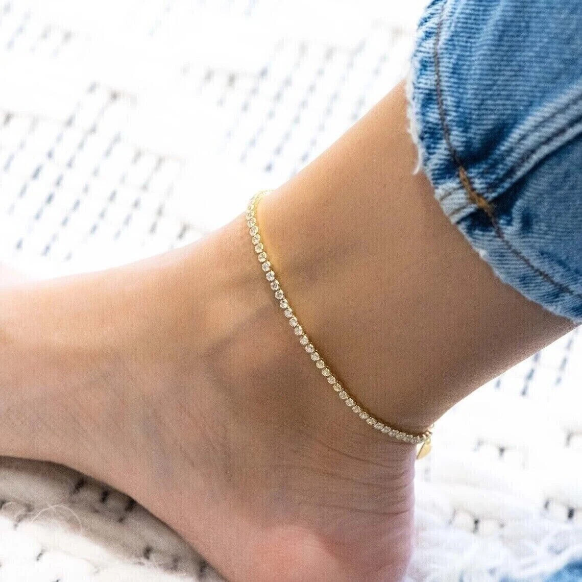 4Ct Round Cut Real Moissanite 14K Yellow Gold FN 9.5 IN Women’s Tennis Anklet