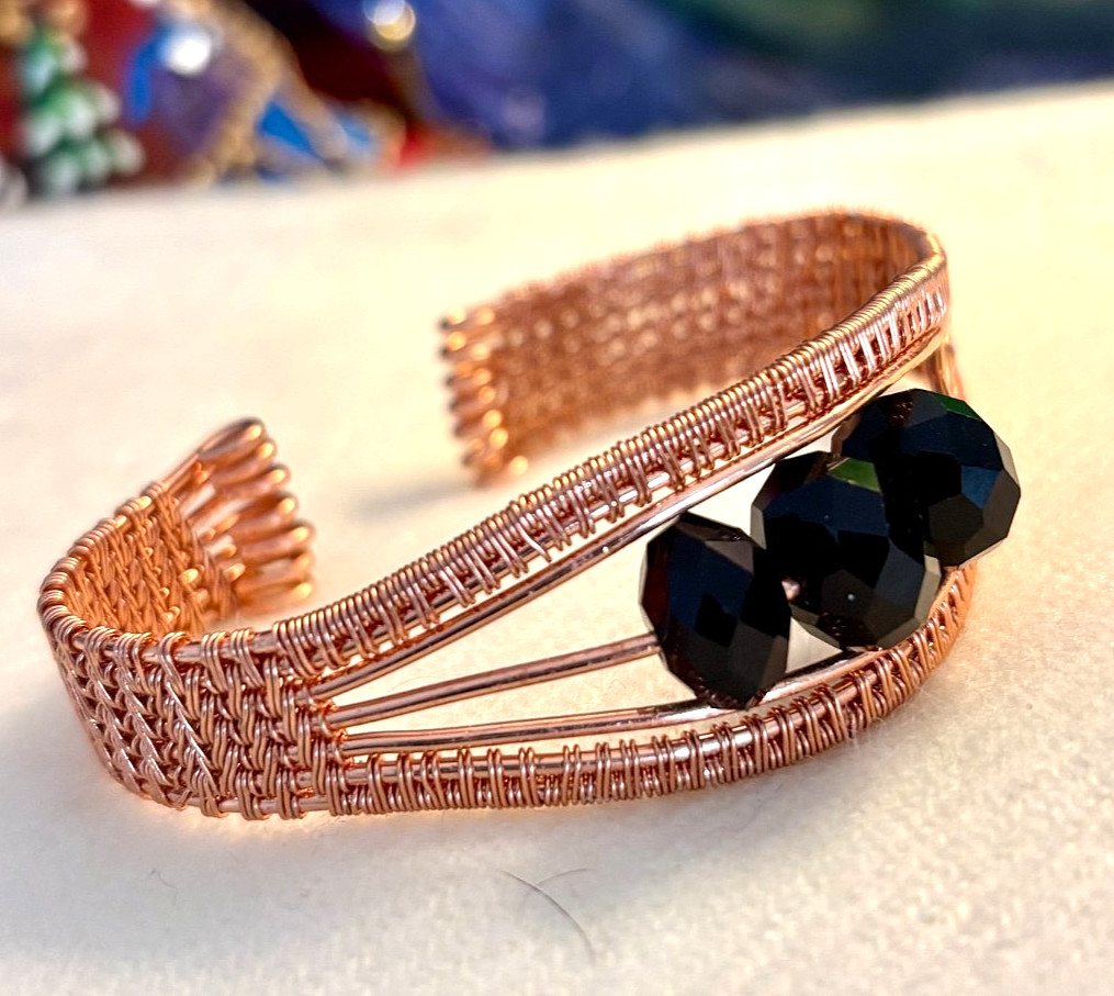 Handmade Copper Wire Wrapped Faceted Crystal Bangle Bracelet Adjustable 6.5–7.5”