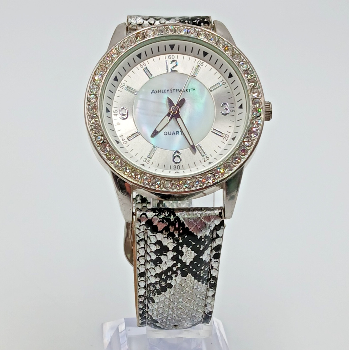 Ashley Stewart Watch Mother of Pearl Silver Tone Crystal Bezel Seconds Hand
