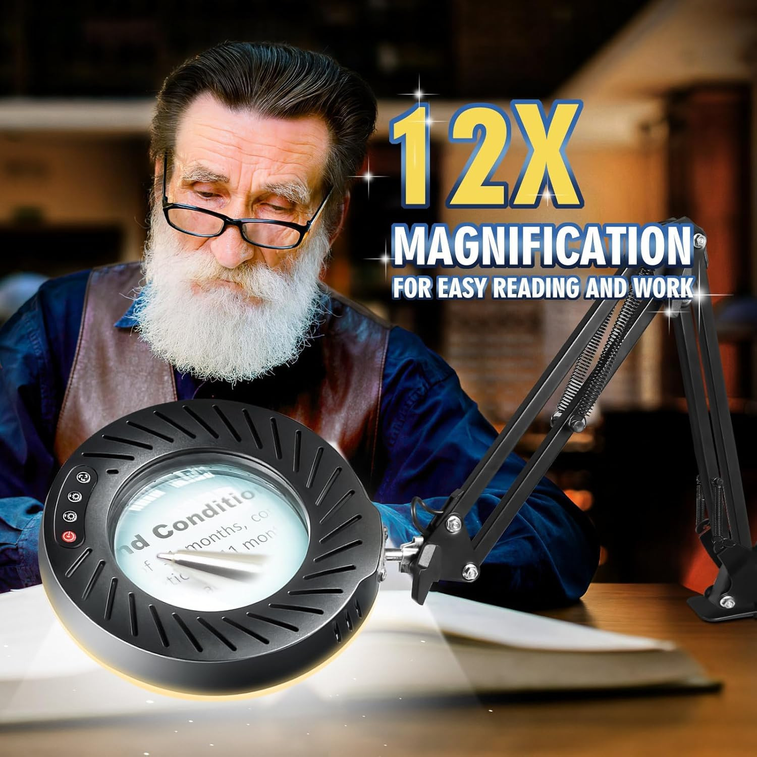 12X Magnifying Glass with Light and Stand, 144 Leds Brightest Desktop Magnifying