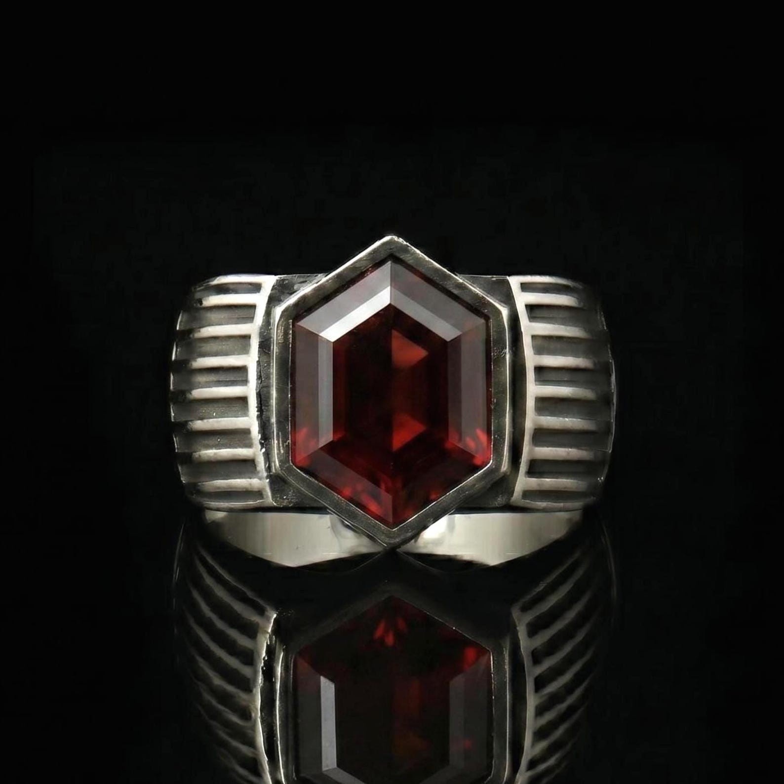 Hexagon Cut Garnet Men’s Signet Ring, Vintage Geometric Statement Style Ring