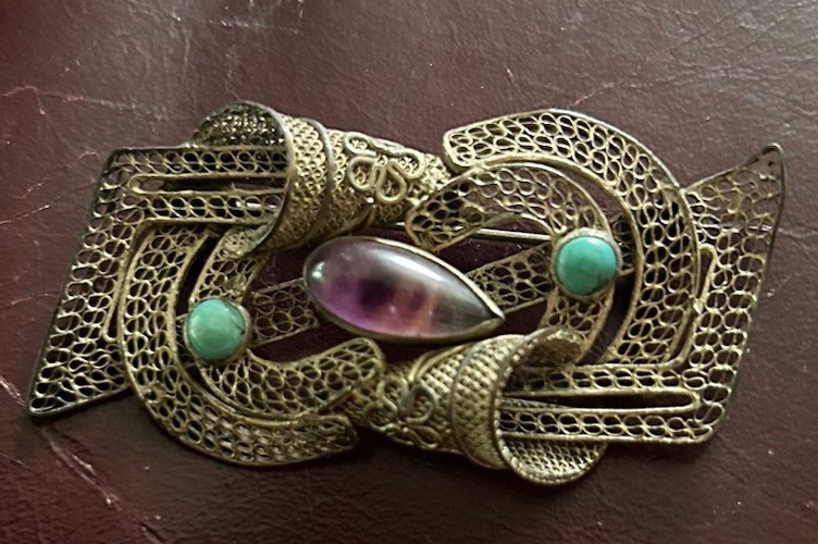 Antique Chinese Export Silver Filigree Amethyst Turquoise Floral Brooch Unusual