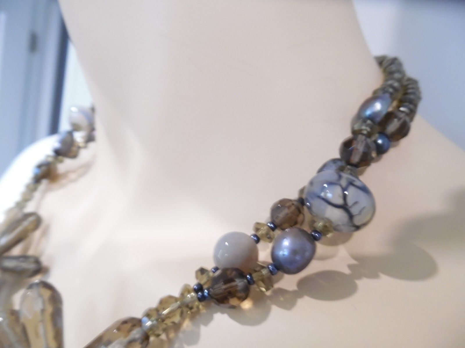Beaded Cluster Statement Necklace Gemstone and Crystal Art Glass- Gorgeous! Wow!