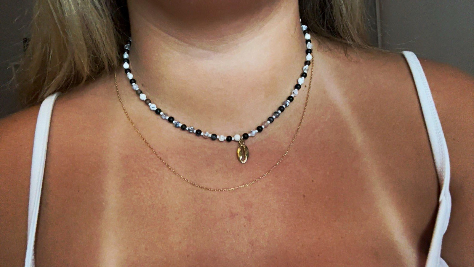 Black White Handmade Beaded Necklace with gold seashell charm