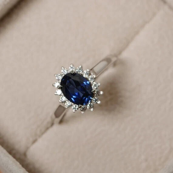 2.29 Ct Natural Sapphire Diamond Engagement Ring 14K Real White Gold