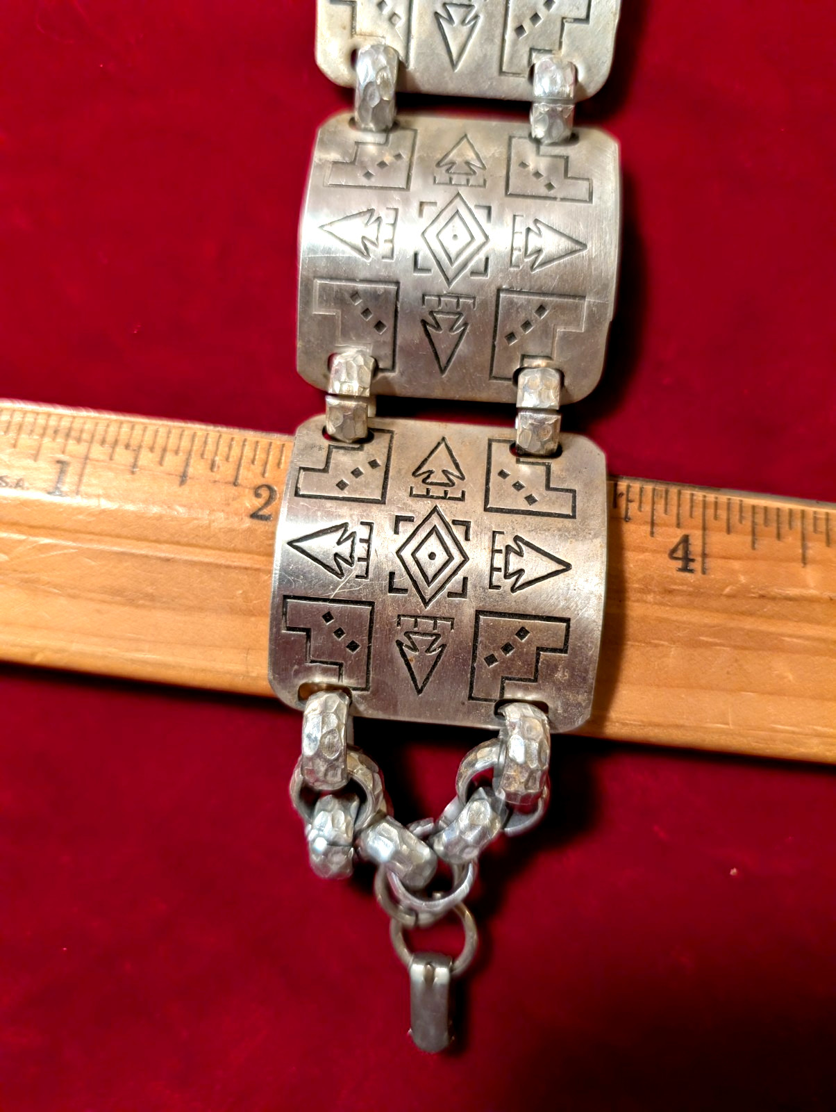 Vintage Aluminum Mid Century Aztec Stamped Panel Bracelet Hammered Rolo Links