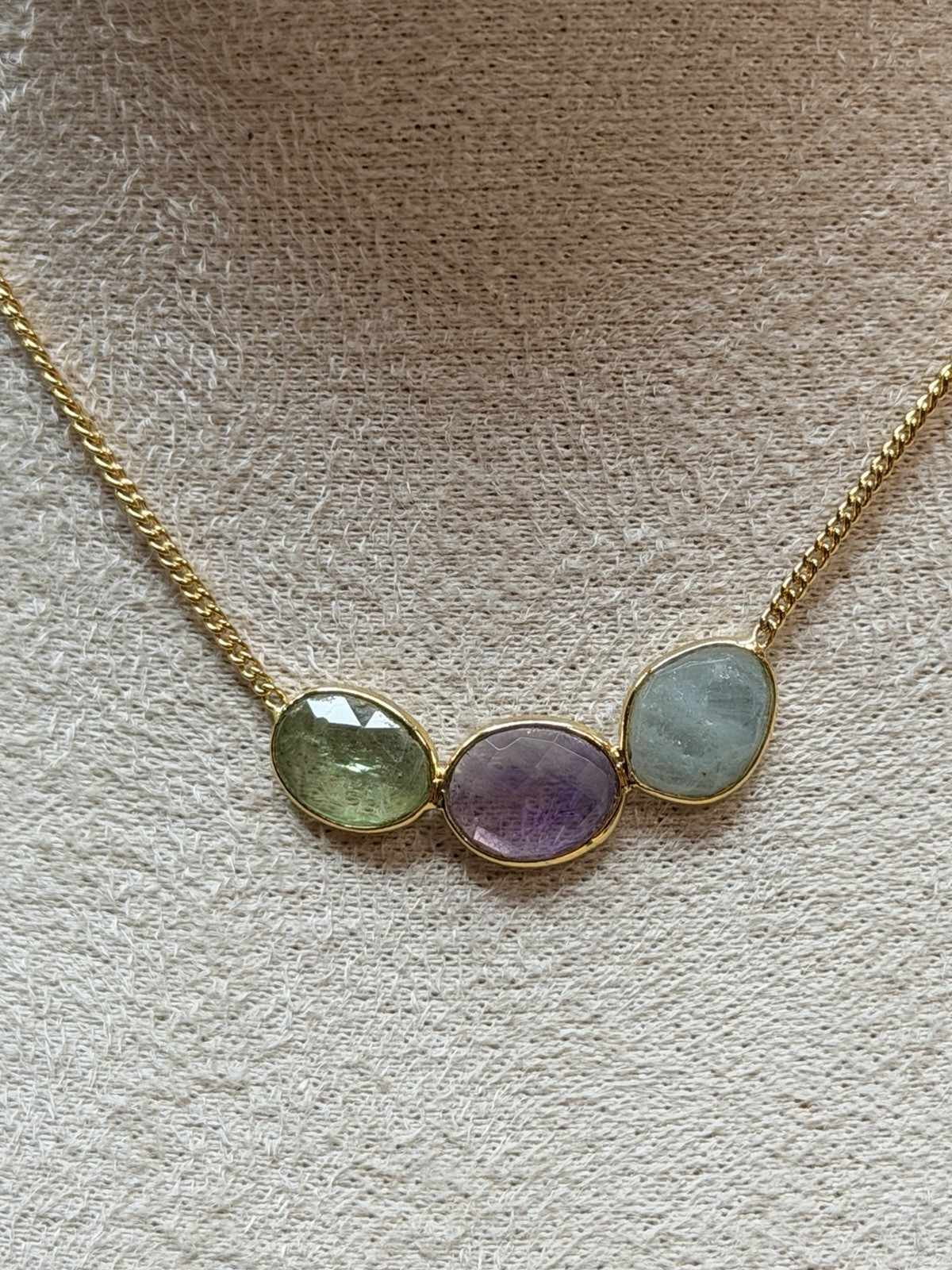18K Gold Plated Three-Stone Necklace – Green, Purple, Blue