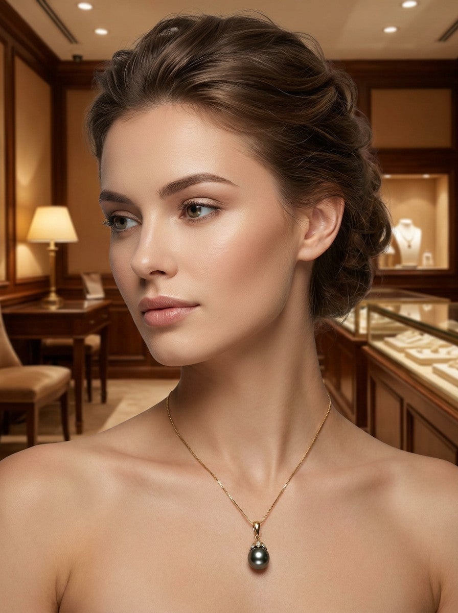 Black Gray Tahitian Pearl & 14k Yellow Gold Flowery-Cap Bale with 6 Diamonds