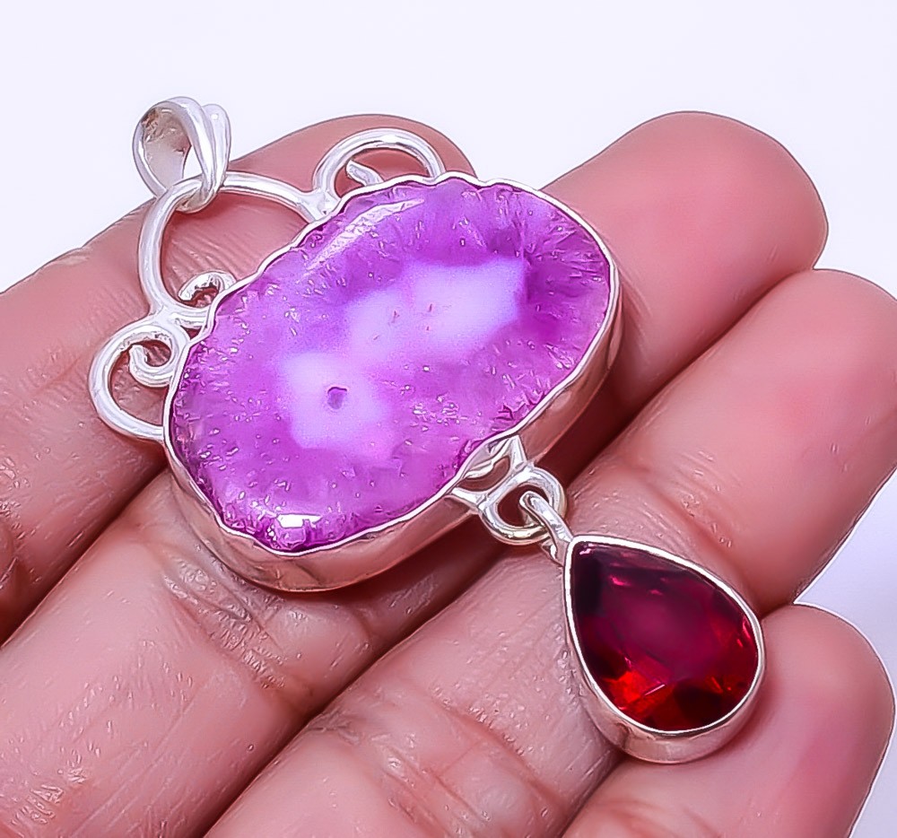 Purple Solar Quartz Eye & Tourmaline 925 Sterling Silver Pendant 2.15″ A330