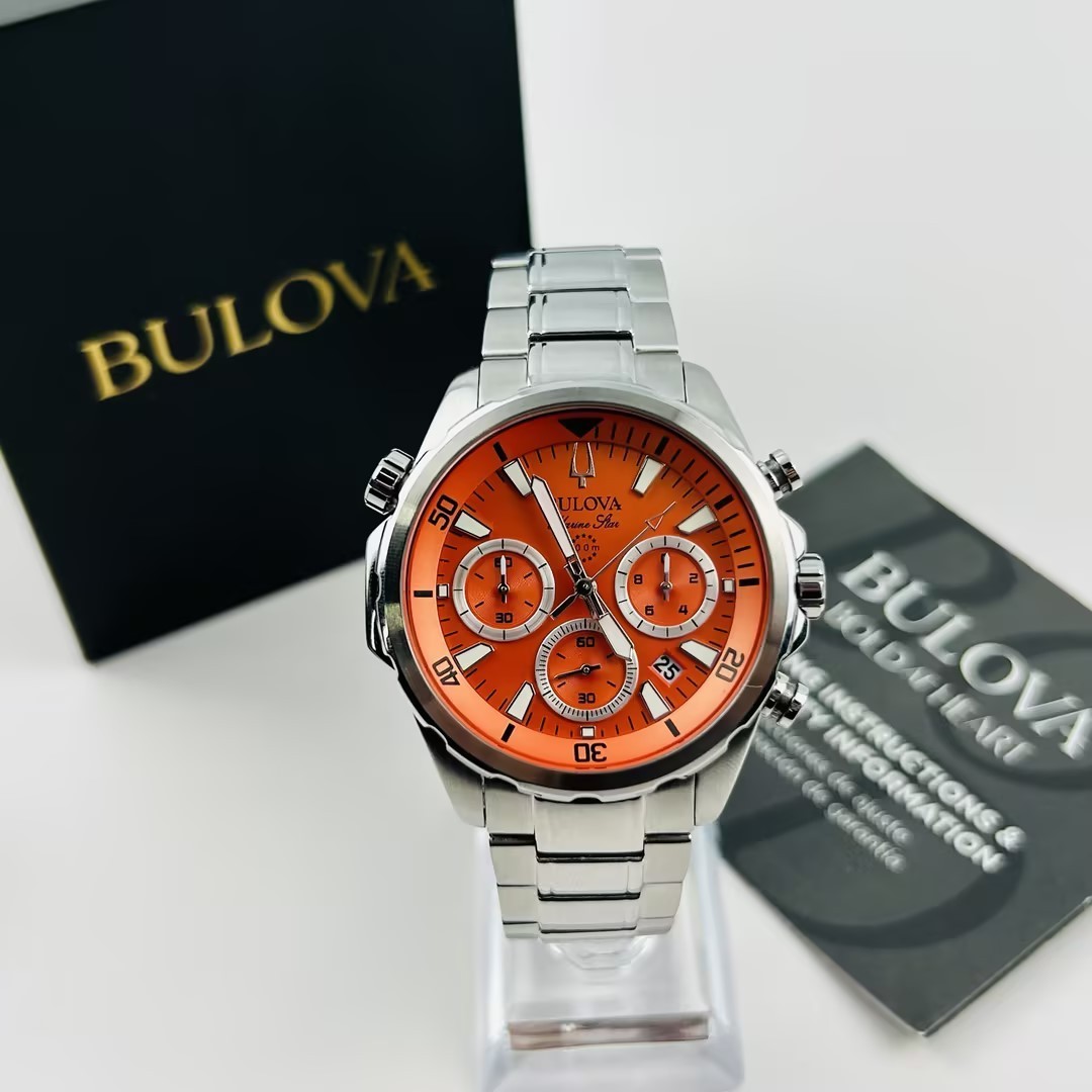 Bulova Classic Marine Star 96B395 Orange Dial Chronograph Men’s Quartz Watch New